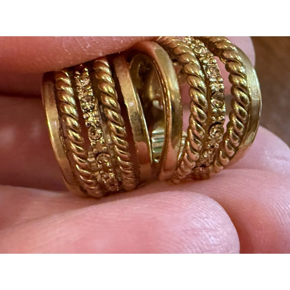 Vintage Monet Gold Tone Multi Row C Hoop Earrings Wide Braided Cable Rhinestone